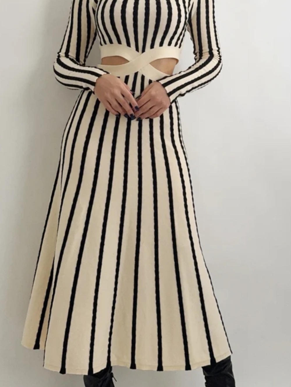 Striped Long Sleeve Cutout Midi Dress in Cream and Black